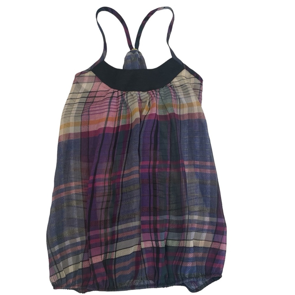 Loose fit multicolor purple halter neck sleeveless women top. Size S.